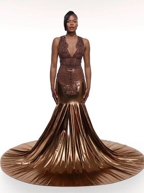 Bronze Metallic Mermaid Prom Dress with Embellished Bodice